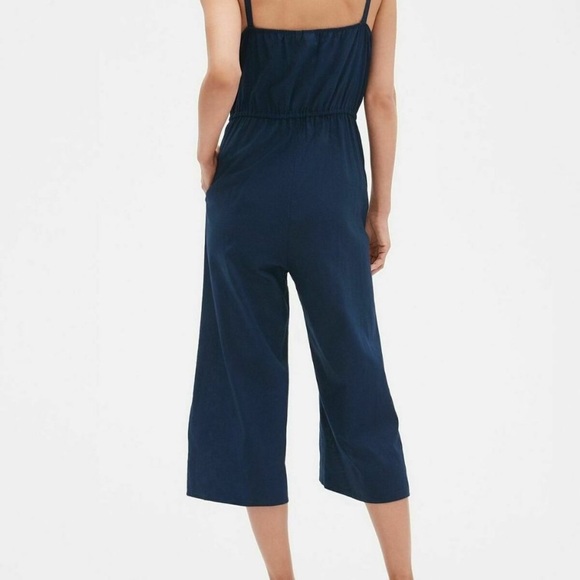 GAP Linen Blend Square Neck Jumpsuit Utility Crop Wide Leg Blue Size Large - Picture 2 of 12